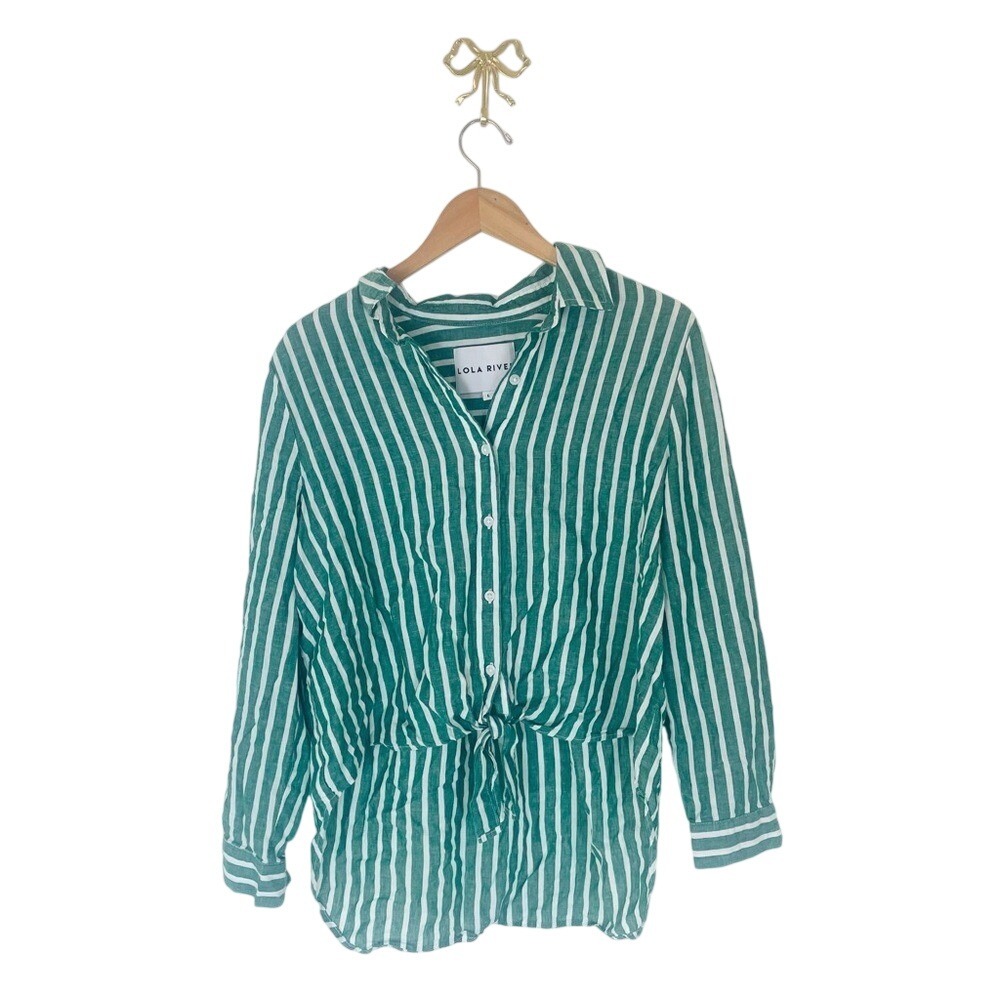 Lola River Green White Striped Tie Front Linen Blend Button Down Shirt Large